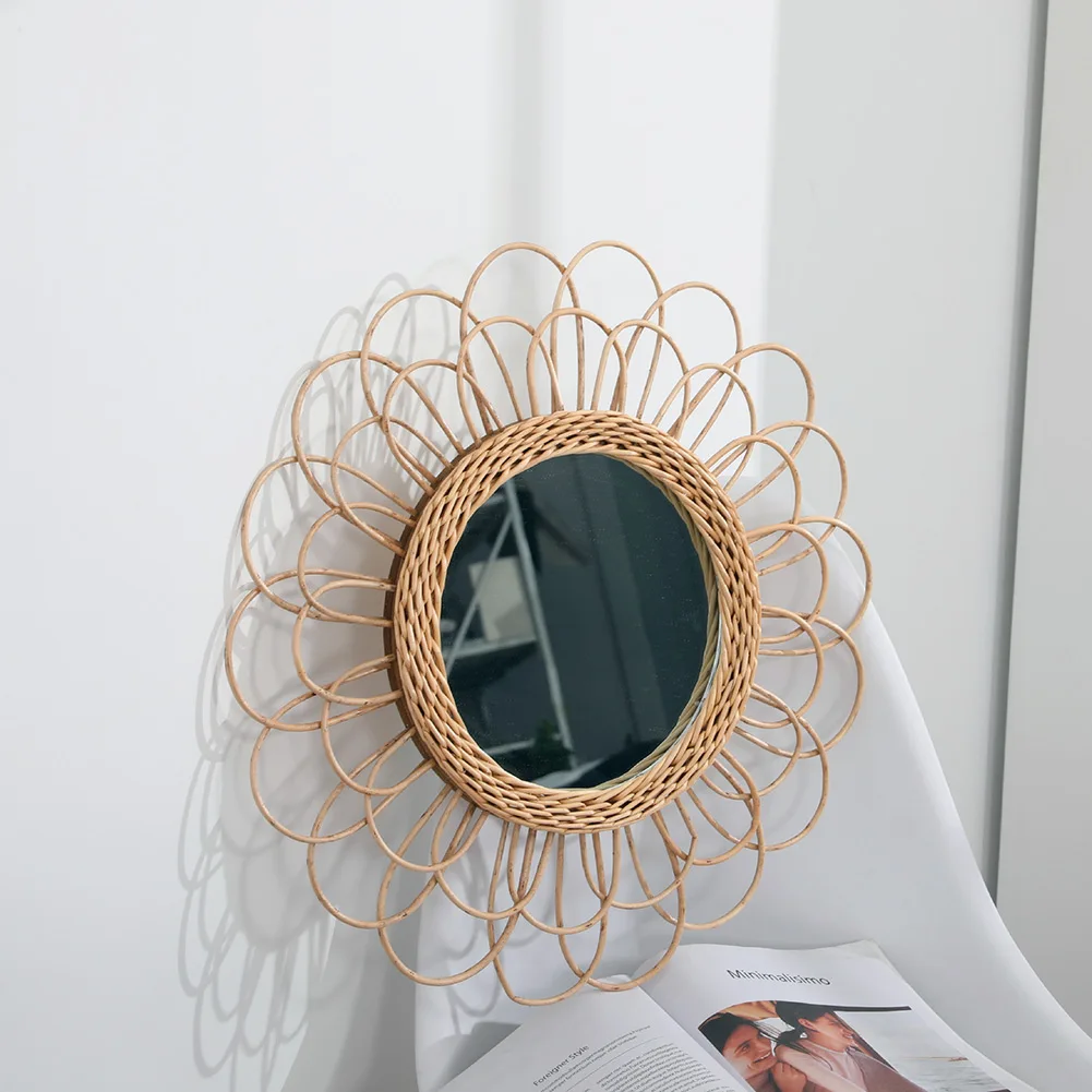 Newly Hanging Mirror Rattan Sunflower Circular Wall Mirror Boho Wicker Dressing Makeup Mirrors
