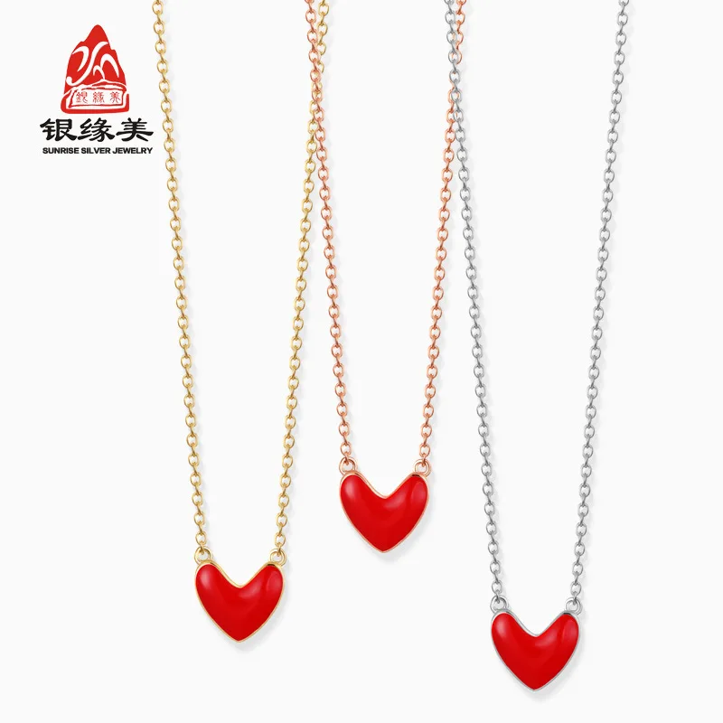 

S925 Fine Silver Epoxy Little Red Hearts Necklace Enamel Heart Choker Douyin Celebrity Style Accessories Gift
