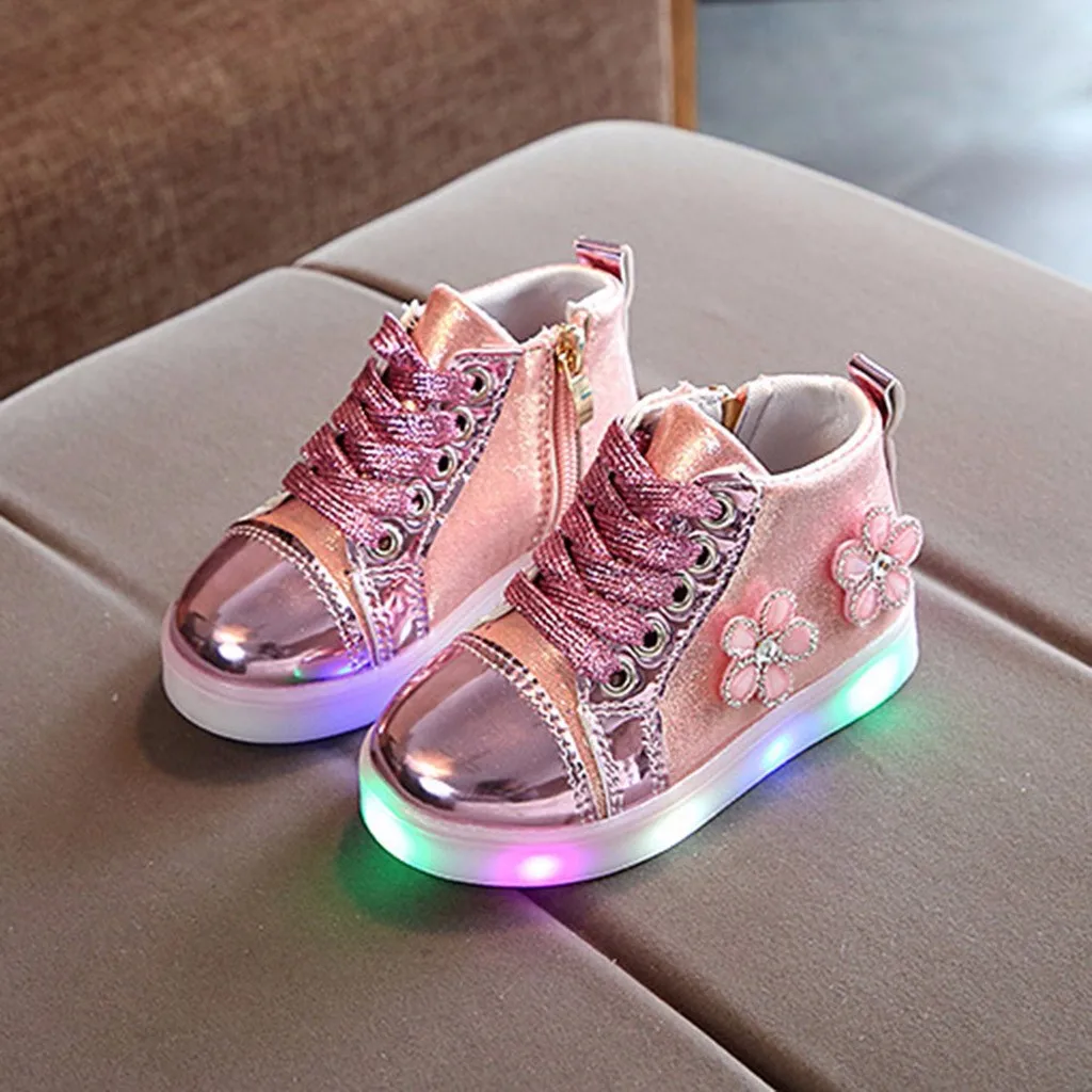 Модная детская обувь для маленьких девочек с цветами и кристаллами; Светодиодный светильник; Светящиеся спортивные ботинки для бега; Уличная обувь; Sapato Infantil; детская обувь