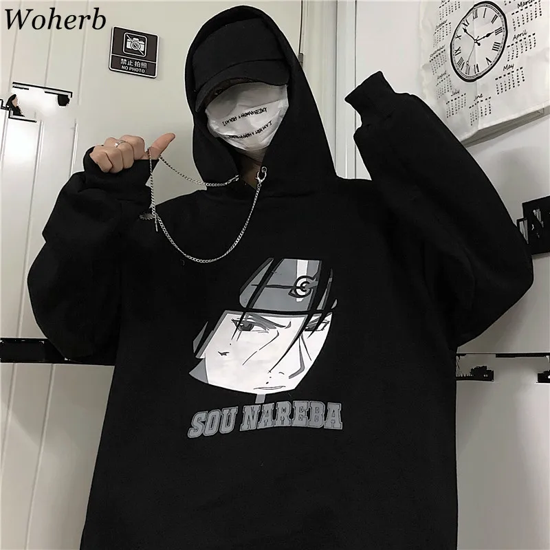 Woherb толстовки с капюшоном в Корейском стиле Харадзюку, с длинным рукавом, с принтом аниме, с цепочкой, женские повседневные Модные Новые Топы, уличная одежда 91281
