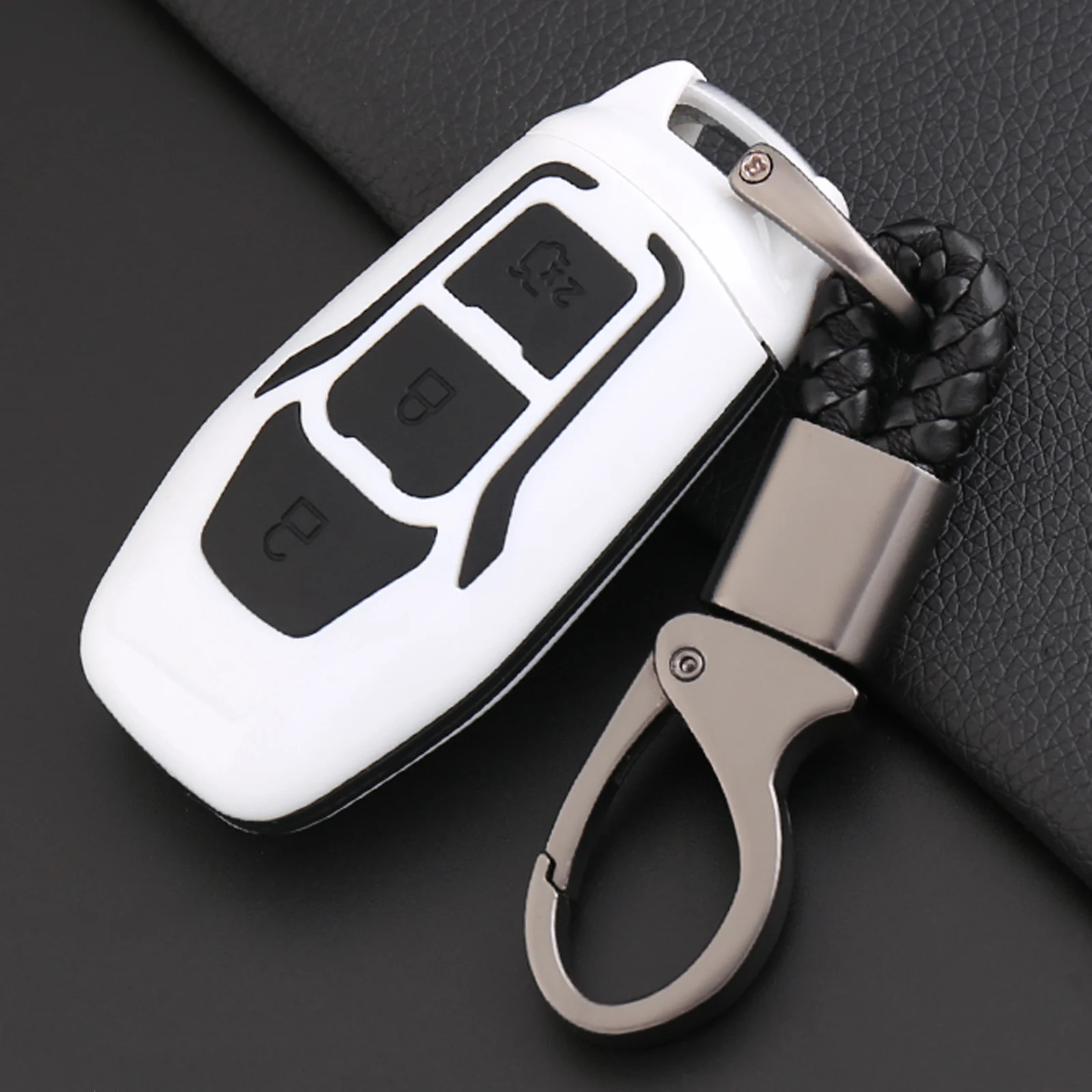 For Ford Edge Mondeo Mustang Key Shell keychain Carbon Fiber+Silicone Car Smart Remote Key Case Automobile Protective Cover - Color Name: white black