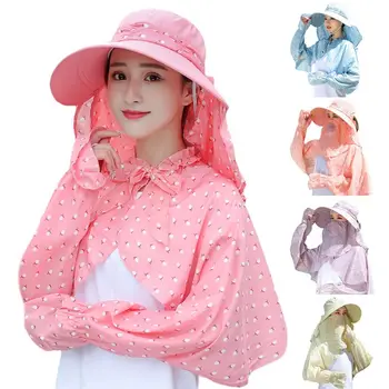 

Women Summer Dustproof Wide Brim Sun Hat Face Shield Dot Print Anti-UV Long Sleeve Shawl Scarf Neck Flap Cover Beach Cap