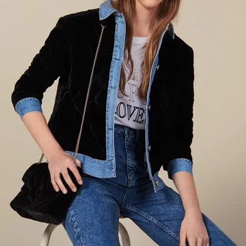 

Women Jacket 2019 Autumn and Winter New Denim Woman Jacket Stitching Velvet Cotton Female Jacket