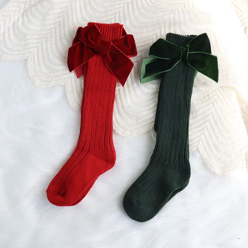 Ins Spanish Style Big Bow Wool Socks For Baby Girls Solid Color Red Green New Year Christmas Accessories Middle Tube Foot Wear |