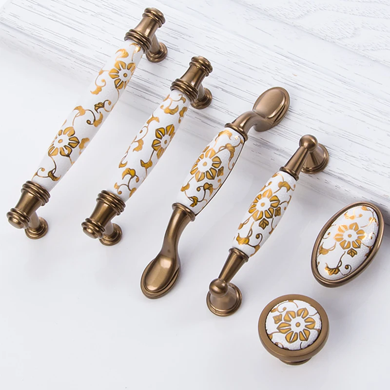 

Gold Flower Ceramic Kitchen Cupboard Handles Antique Furniture Handles Drawer Pulls Bathroom Cabinet Knobs and Handles
