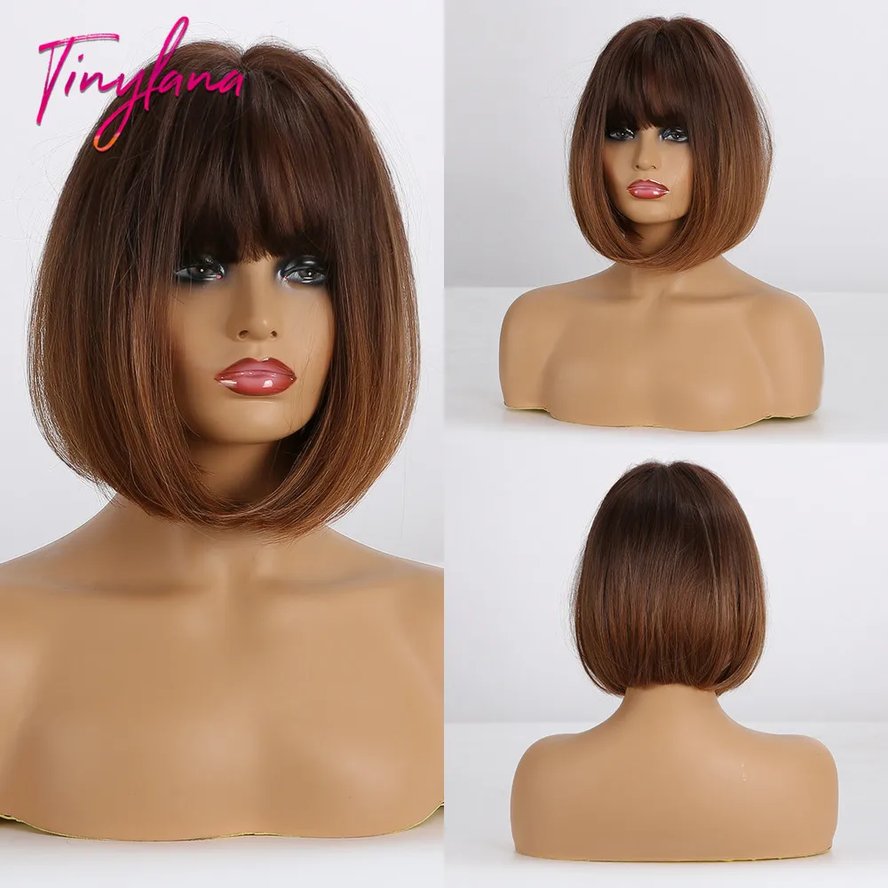 Synthetic Wigs Bangs Heat-Resistant Tiny Lana Lolita Cosplay Short Brown Straight Ombre