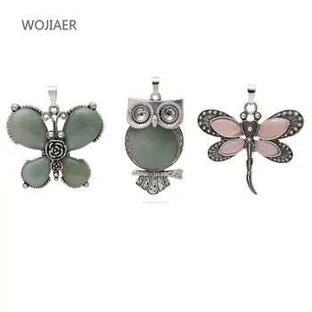 

WOJIAER Wholesale 10pcs Owl, Butterfly And Dragonfly Pendants Natural Stone Animal Beads Vintage Jewelry Female Gift ZBM125