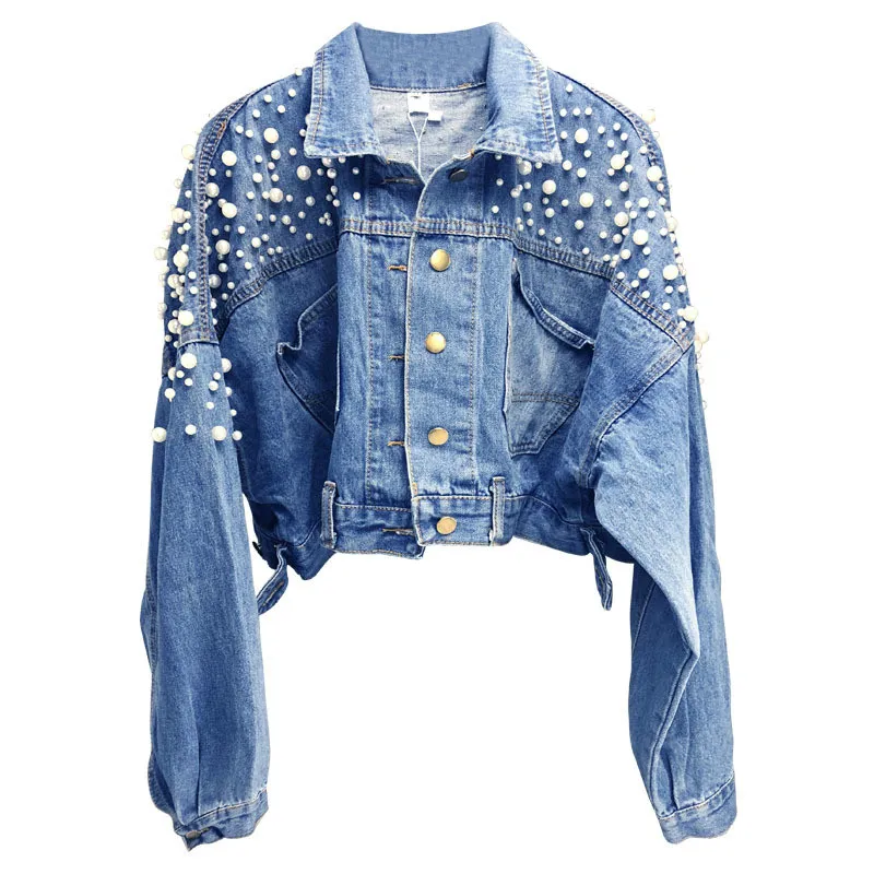 

Jacket Jean Women Hand Pearl Loose Short Denim Jackets Ladies High Quality Jeans Jacket Basic Coats Student Jacketes