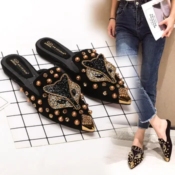 

Shoes Woman 2020 Low Womens Slippers Outdoor Rivet Glitter Slides Cover Toe Fashion Pantofle Jelly Flat Luxury Pointed New