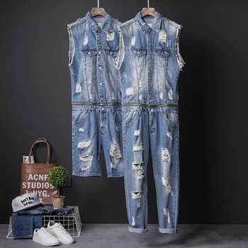 

Hip-hop denim one-piece jacket suit men's summer slim light-colored washed holes denim shoulder vest vest men