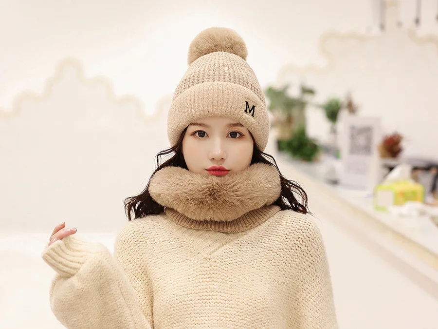 new cashmere beanie scarf set embroidery letter beanie solid color fur scarf set pom poms beanie