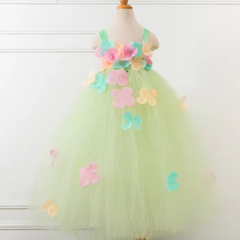 

Girls Yellow Mesh Flowers Printed Tutu Dress Princess Carnival Party Dresses Children Ball Gown Costumes