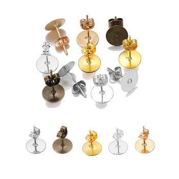 

100pcs/lot Gold Rhodium Blank Post Stud Earring Base Pins With Plug Ear Back For DIY Disc Earrings Findings Jewelry Making