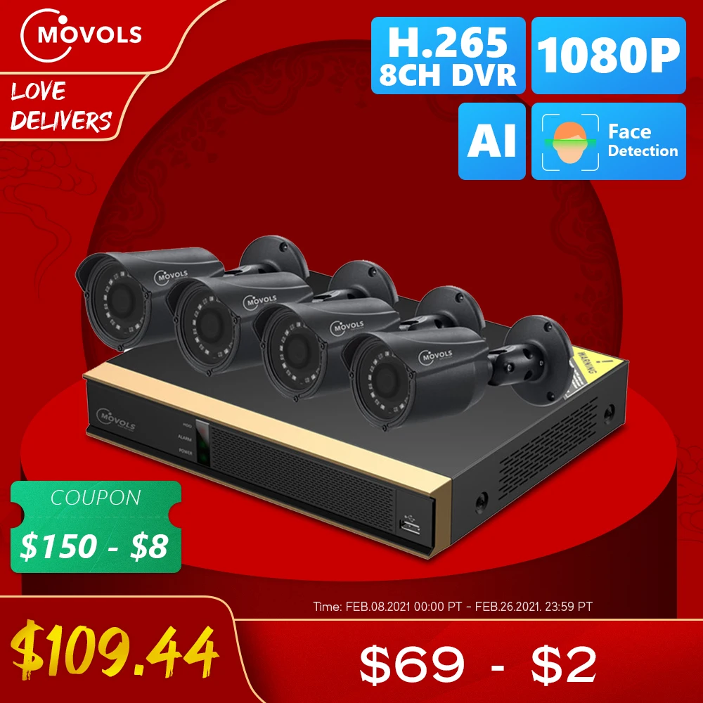 Movols 8CH AI CCTV Camera System 4PCS 2MP Outdoor Weatherproof Security Camera DVR Kit H.265 Home Video Surveillance System