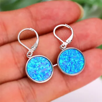 

Elegant Female Round Blue Opal Drop Earrings Silver Color Party Dangle Earrings Classic Bride Wedding Earrings For Women