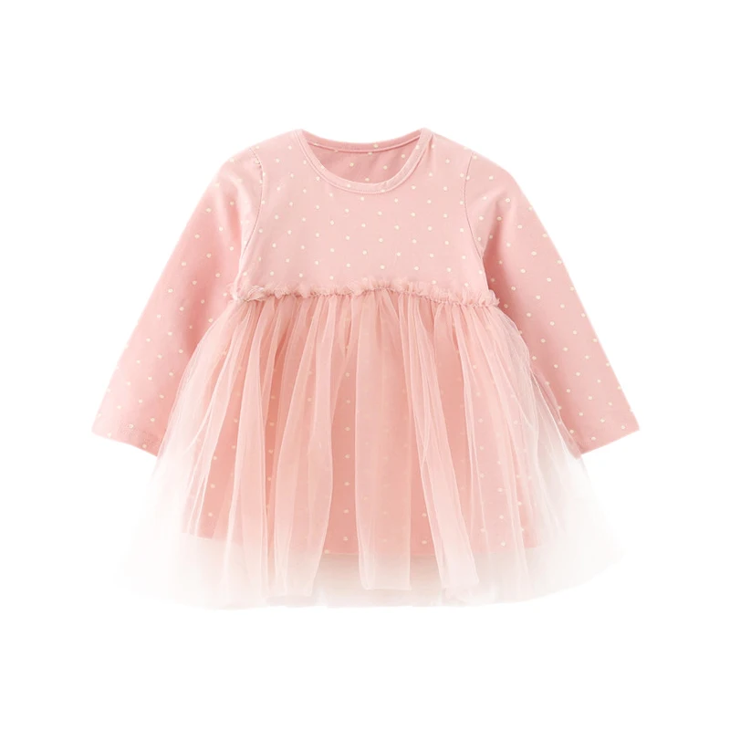 Autumn New 0-4T Baby Girl Dress Lovely Toddler Girl Dot Pattern Mesh Stitching Dresses Korean Style Long-sleeved Girls Dresses