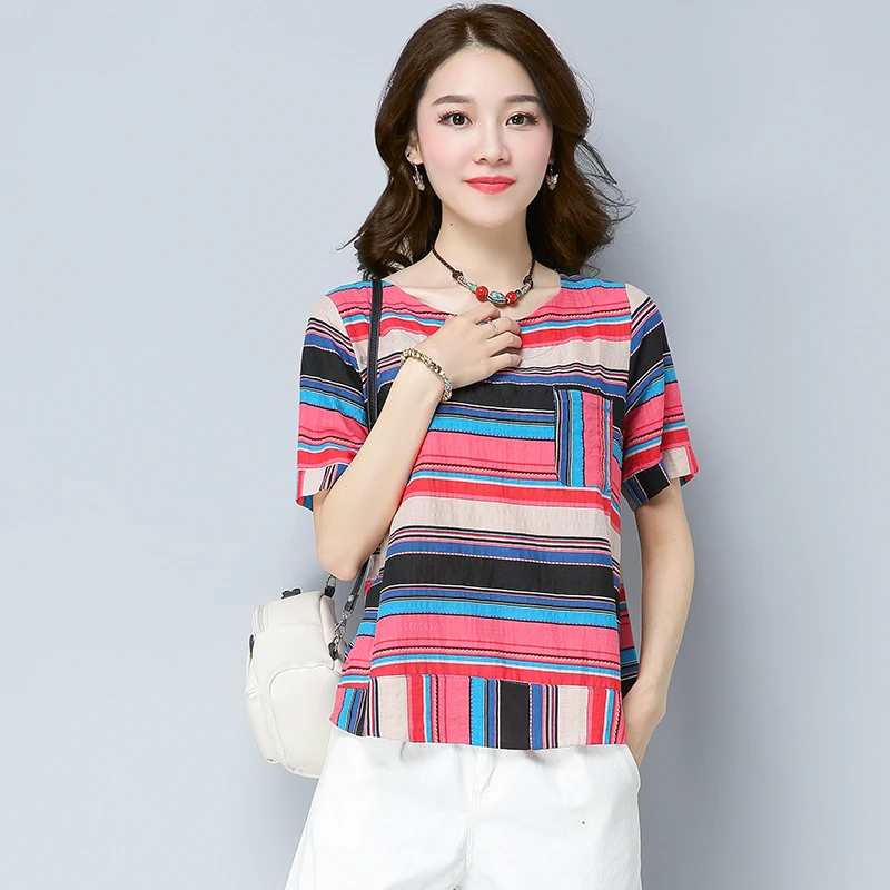Literature and art restores ancient ways round collar chromatic stripe cotton short sleeve T-shirt Literature and art restores ancient ways round collar chromatic stripe cotton short sleeve T-shirt