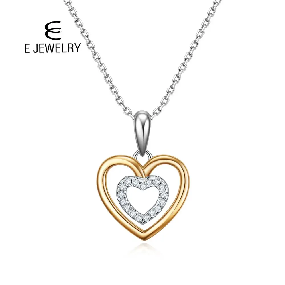 

E Jewelry 925 Silver Double Heart Pendant Necklace Rhodium mixed Gold Color Necklaces for Women 18 inch Chain adjustable Gift
