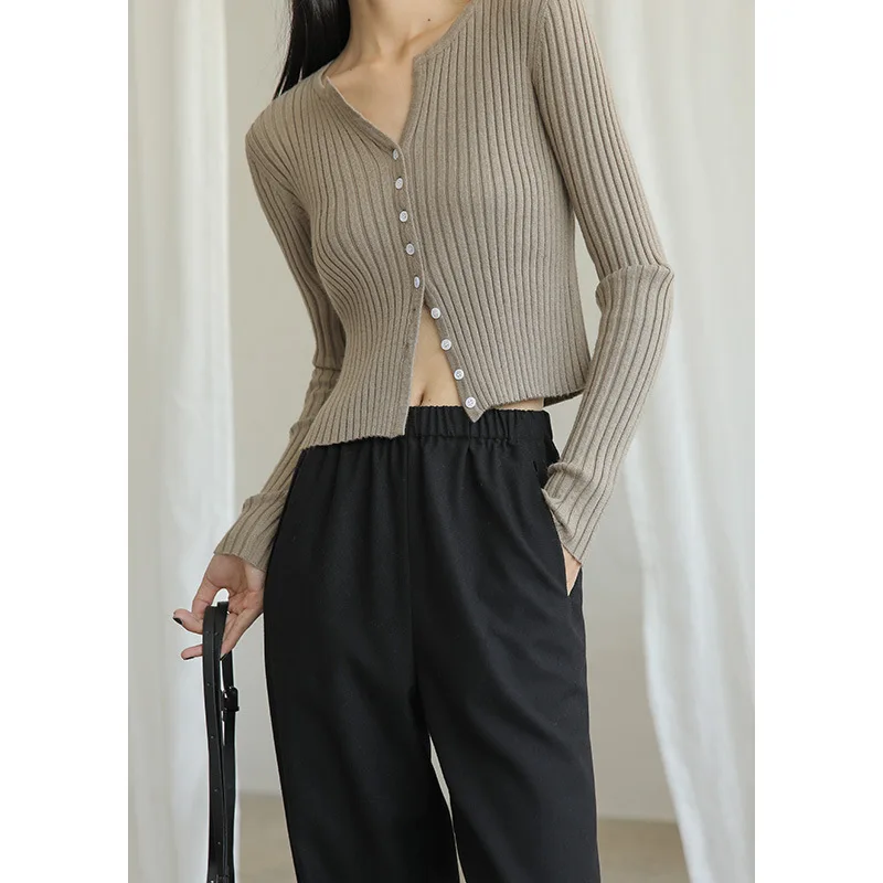 

French Style Ribbed Short Cardigans Women Cropped Knitted Cardigan Sweater Notched Neck
