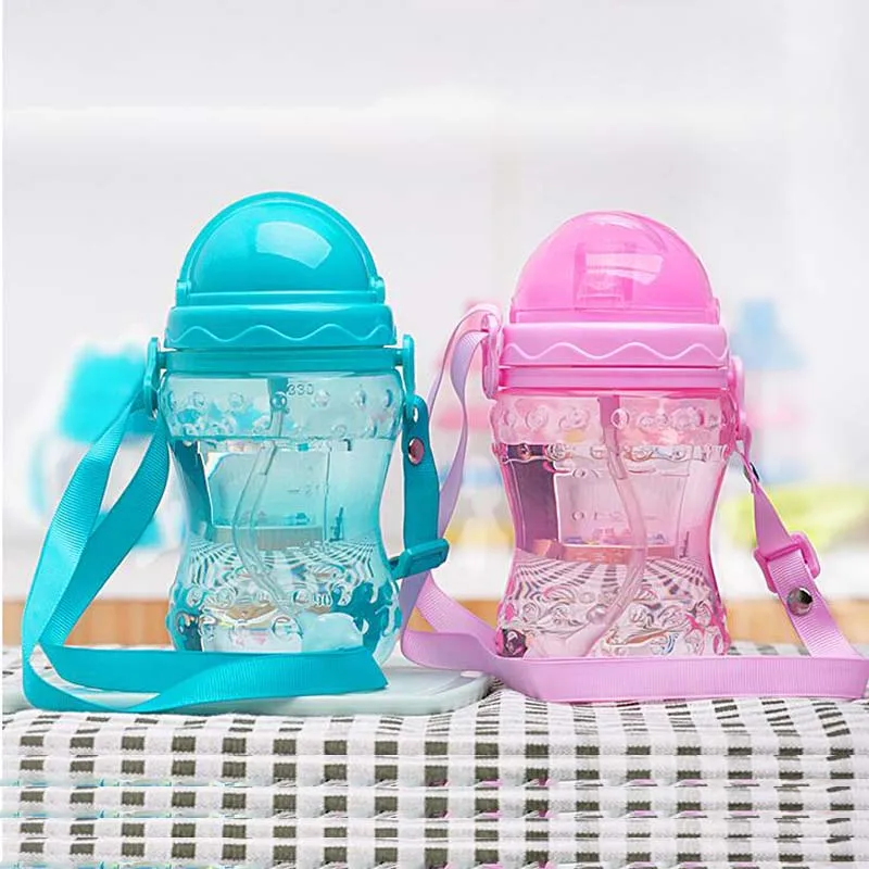 240/330ml Baby Cup Cute Children Learn Drinking Water Straw Handle Bottle Training Drink School Food Milk Bottles