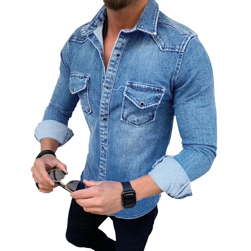 MJARTORIA модная мужская джинсовая рубашка с длинным рукавом размера плюс, хлопковый джинсовый кардиган, повседневные тонкие рубашки, мужские топы с двумя карманами