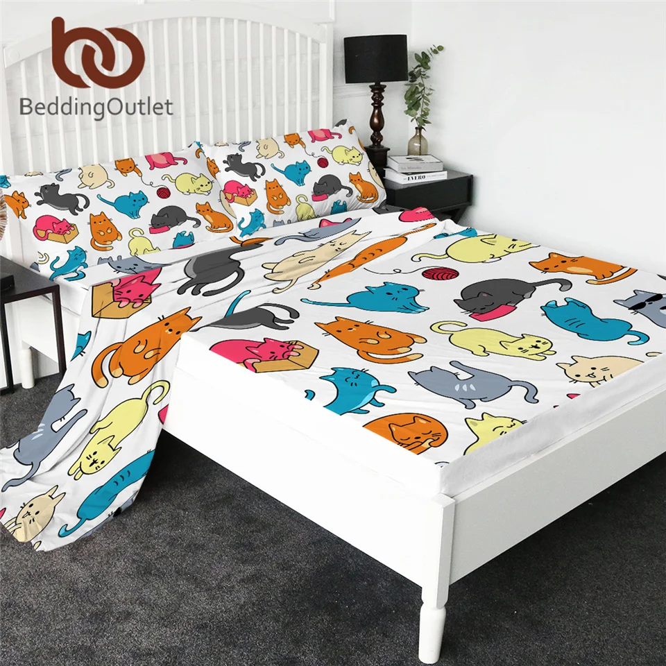 

BeddingOutlet Cartoon Cats Fitted Sheet Colorful Bed Sheet Set Unicorn Flat Sheet With Pillowcase Bedding 4-Piece Mattress Cover