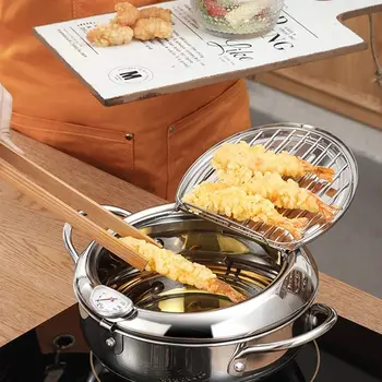 

Kitchen Deep Frying Pot Thermometre Tempura Fryer Pan Temperature Control Fried Chicken Pot Cooking Tools Stainless Steel