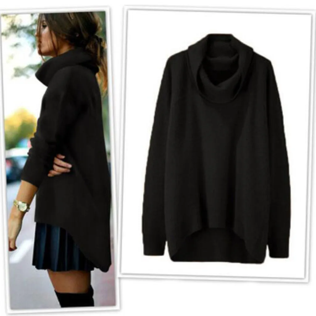 Женский однотонный пуловер с высоким воротником и асимметричным подолом