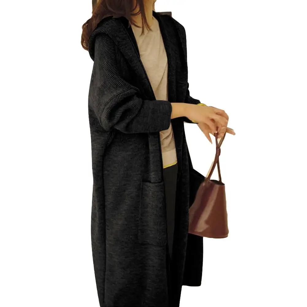 Abrigo informal de otoño para mujer, cárdigan tejido de lana con capucha de Color sólido, abrigo largo fino holgado, prendas de vestir de talla grande de manga larga