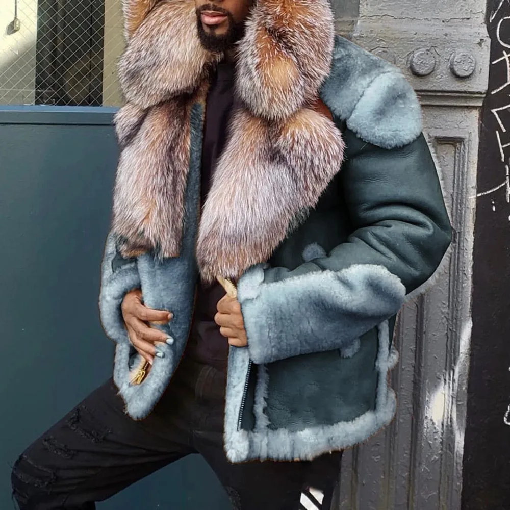Мужское шерстяное зимнее пальто с воротником из искусственного меха, теплое длинное пальто, мужское пальто, Тренч, пальто, модная Лоскутная мужская куртка - Цвет: Синий