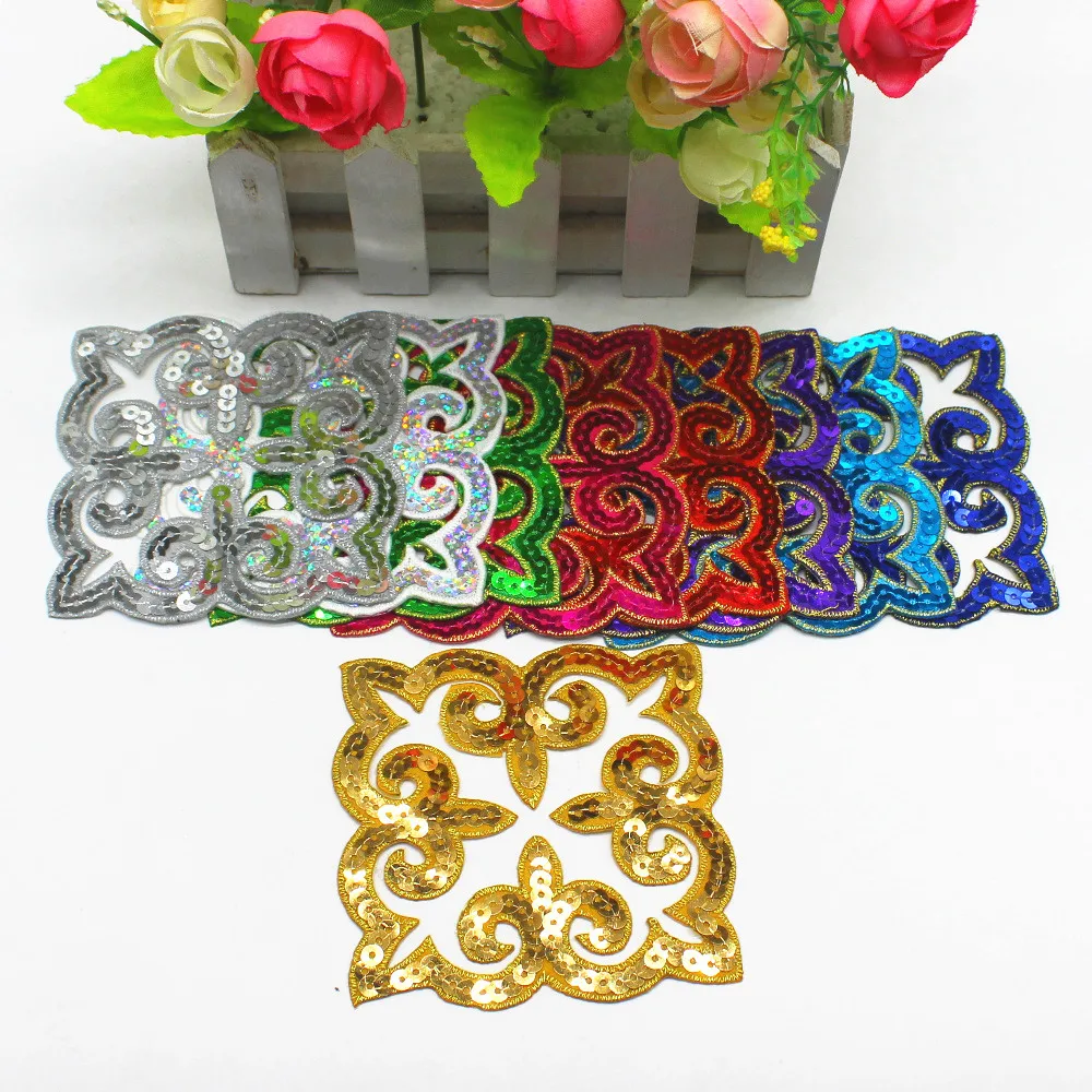 5 Pcs/Lot Sequined Embroidery Appliques Iron On Patches 3D Gold Metallic Venise Flower Cosplay Costume Trim Vintage 9*9CM | Дом и сад