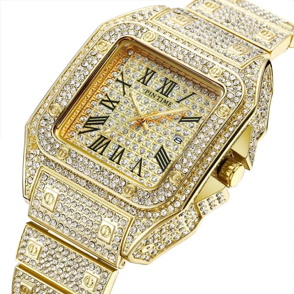 Большой циферблат квадратный мужской роскошный бренд часов алмаз Iced Out кварцевые наручные часы золотой Календарь Бизнес Мужские часы relogio masculino