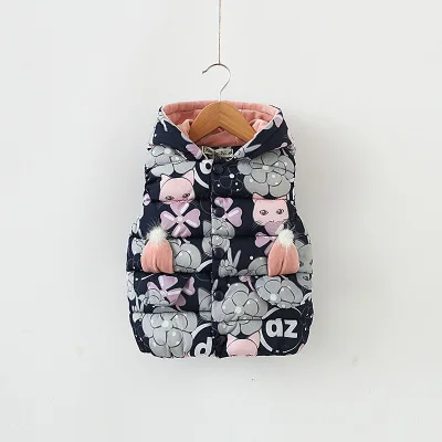 navy blue Зимний жилет для маленьких девочек с цветочным принтом, с капюшоном, теплые детские парки без рукавов, повседневный утепленный зимний жилет для девочек, одежда для подростков - Цвет: navy blue