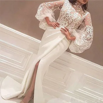 

Evening Parrty Embroider Dress Women Lace Overlay Wedding Long Lantern Sleeve Turtle Neck Ruched Patchwork Evening Lady Vestidos