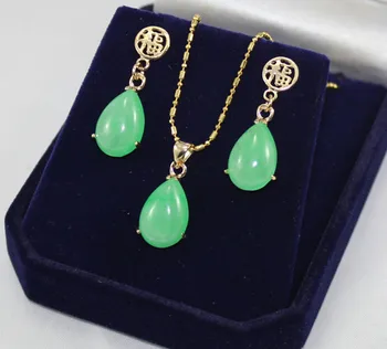 

wholesale noble new jewelry 12*16mm green Natural Stone earring & chain pendant jewelry set