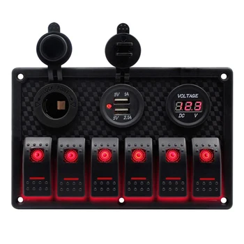 

6 Gang Switch Panel Waterproof Marine Boat Rocker switch Circuit Breakers With Cigarette Lighter+Fuse 4.2A Dual USB Slot Socket