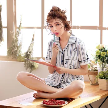 

Summer Pajamas Women's New Products Short Sleeve Pure Cotton Hipster Stripes Printed Pajamas Cardigan Fold-down Collar Homewear