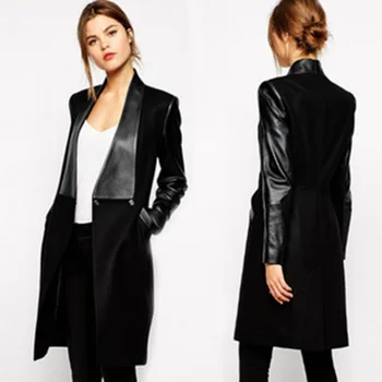 

New Fashion Autumn Winter Lady Black Elegant PU Leather Patchwork Wool Coats Pocket Womens Plus Size Slim fit Long Cardigan Coat