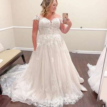 

2020 Elegant Plus Size Wedding Dresses Tulle Backless Applique Off The Shoulder A Line Beach Wedding Costomize Bridal Gowns
