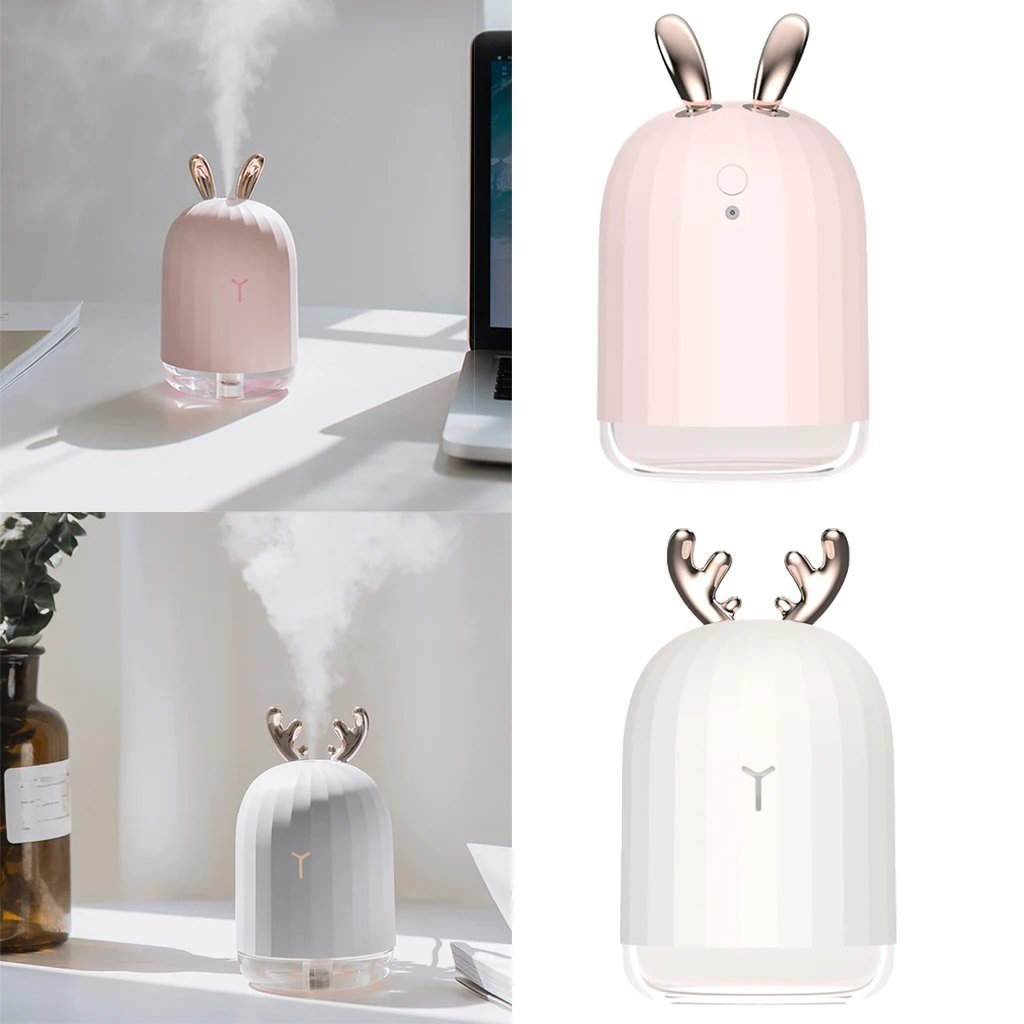 2Pcs Pink&White Ultrasonic USB Air Humidifier Travel Car Aroma Diffuser Cool Mist Maker with LED Nightlight 220ml