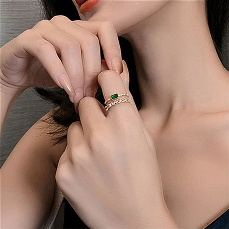 2020 Korea’s New Retro Green Double-layer Ring Fashion Simple Versatile Open Ring Elegant Ladies’ Jewelry