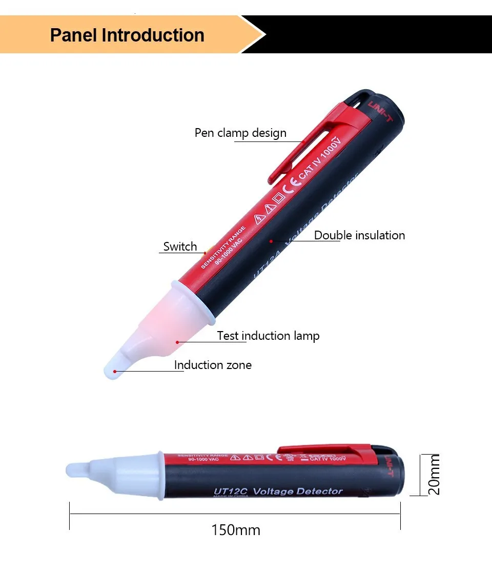 UNI-T UT12C AC Напряжение детектор Бесконтактный Напряжение ручка Тестер 90 V-1000 V 50/60 Гц Авто Мощность Off бипер вибрирующий индикатор