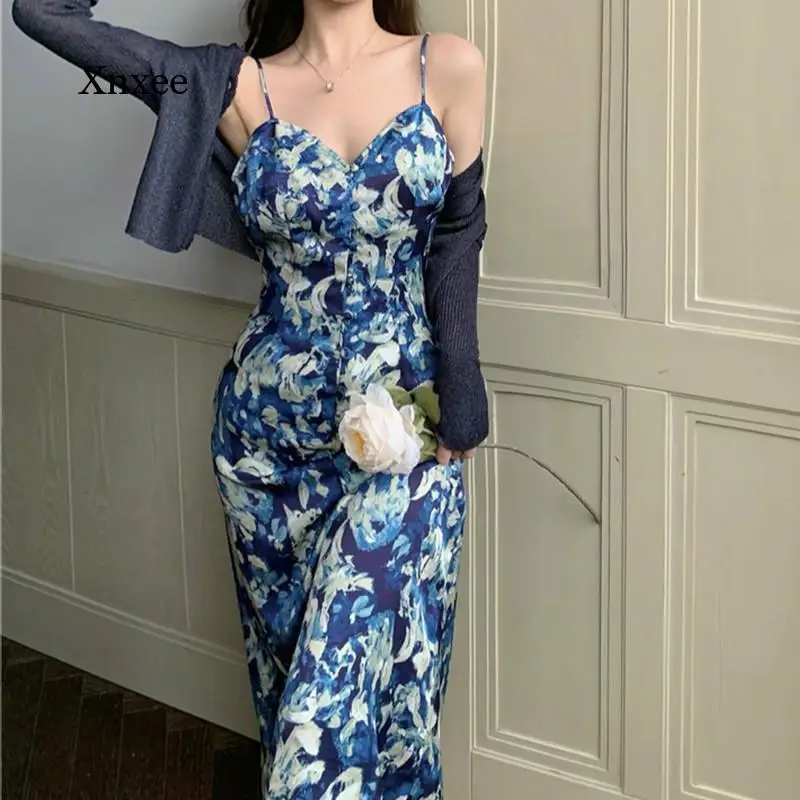 

Summer Temperament Suspender Skirt Ladies Fashion Casual Floral Dress Waist French Mid-Length One-Piece Dress