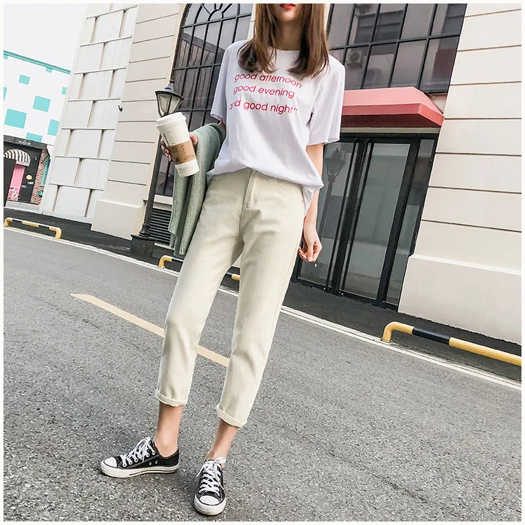 Spring And Autumn New Style Korean-style Loose-Fit Versatile Students High-waisted Straight-Cut Capri Jeans Fashion
