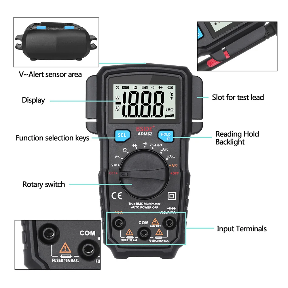 BSIDE ADM62 True RMS цифровой мультиметр автоматический диапазон DMM двойной слот TRMS Вольтметр Амперметр Омметр диод NCV портативный мульти тестер