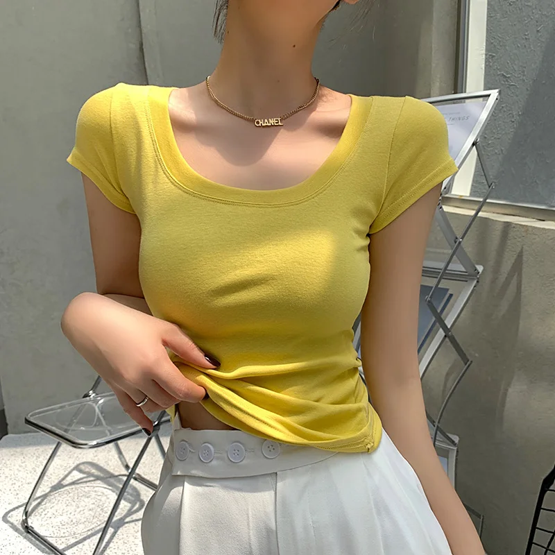 

Summer New Short Sleeve T-Shirt Tight O collar Women's T-Shirt Short Style T-Shirt 16 colors Cotton bottoming shirt y2k top