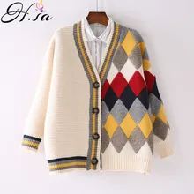 H. SA женский зимний свитер пальто v-образный вырез однобортный Argyle вязаные жакеты негабаритных корейских теплых толстых зимние кардиганы для девочек