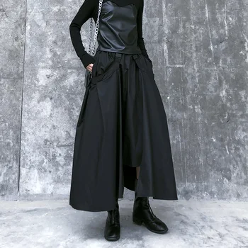 

Johnature 2020 New Fashion High Waist Irregular Women Skirts Spring Solid Color Pockets Loose Elastic Waist A-Line Female Skirts