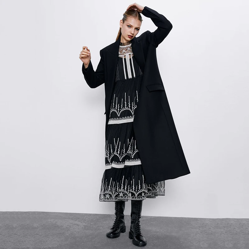 

ZA New Embroidered Tulle Dress Women Fashion Long-sleeved Stand Collar Contrast Color Stitching Lined with Wild Casual Dress