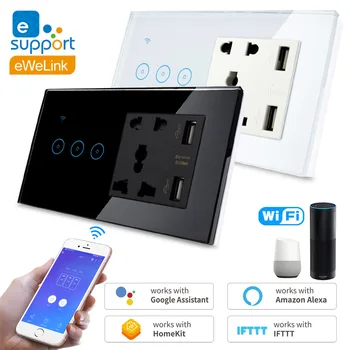 

Glass Panel Touch-Sensor Wifi Wall Switch with Universal Wall Socket & USB App Remote Control ON OFF Timer Voice Control